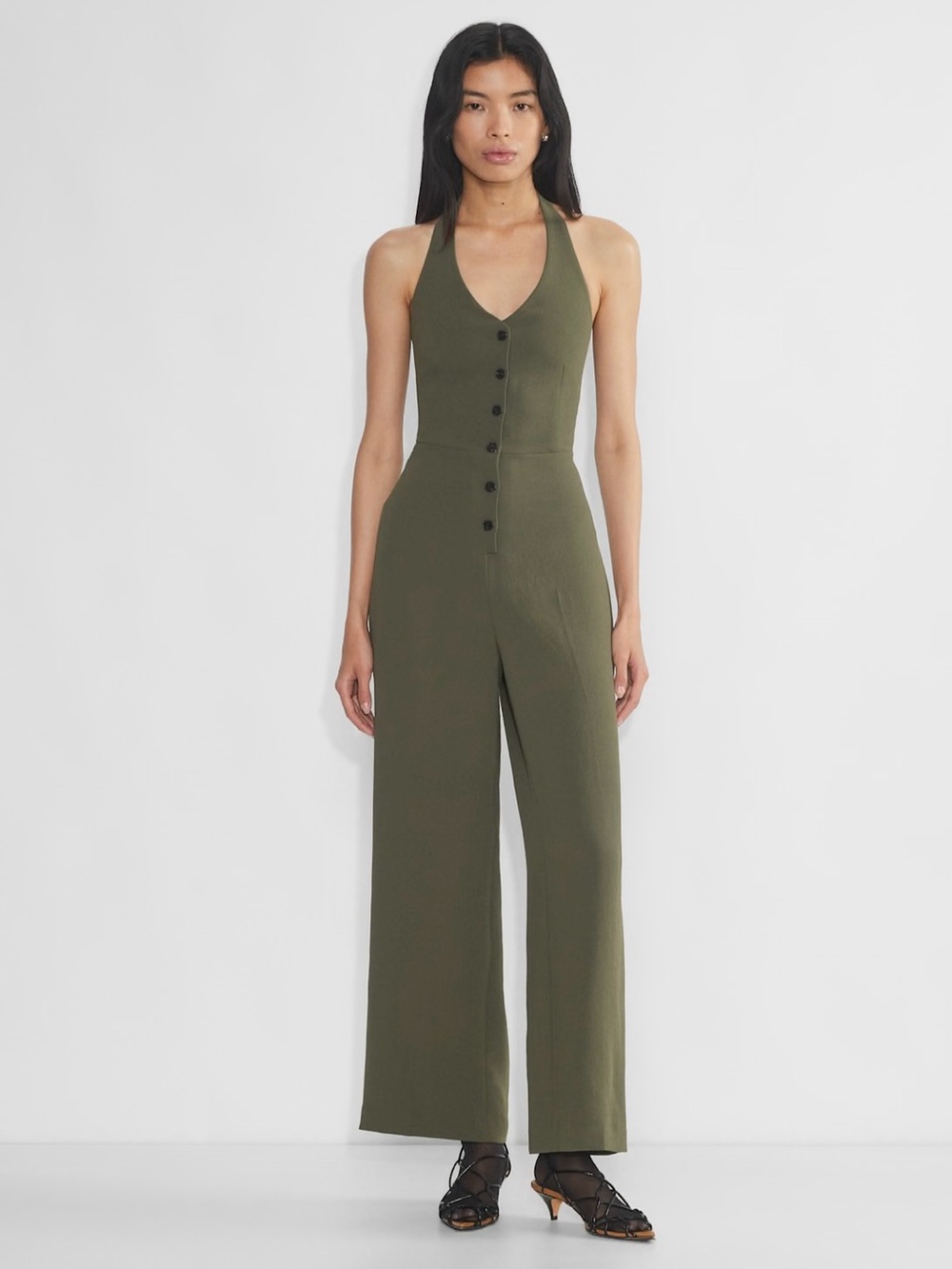 Wilfred Aritzia Upscale Olive Halter Button-Front Jumpsuit
